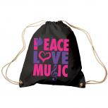 Trend-Bag Turnbeutel Sporttasche Rucksack mit Print - Peace Love Music - TB09017 schwarz