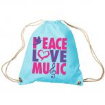 Trend-Bag Turnbeutel Sporttasche Rucksack mit Print - Peace Love Music - TB09017 hellblau