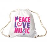 Trend-Bag Turnbeutel Sporttasche Rucksack mit Print - Peace Love Music - TB09017 weiß