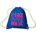 Trend-Bag Turnbeutel Sporttasche Rucksack mit Print - Peace Love Music - TB09017 Royal