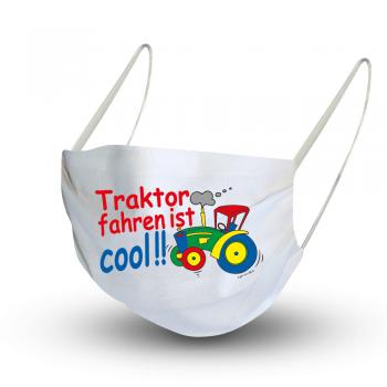 Baumwollmaske in WEISS mit zertifiziertem Innenvlies - Traktor fahren ist Cool - 15964/1 + Gratiszugabe