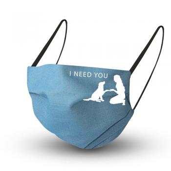 Baumwollmaske in GRAUBLAU mit Innenvlies - Mädchen mit Hund - I need you - 15985 + Gratiszugabe