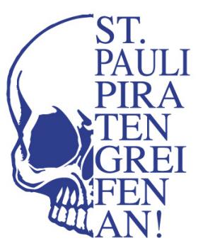 Aufkleber Applikation - Totenkopf Skull Schädel - St. Pauli Piraten greifen an ! - AP1707 - versch. Farben u. Größen blau / 30cm
