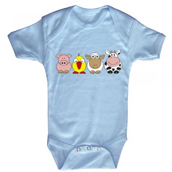 Babystrampler mit Print - Ferkel Vogel Schaf Kuh - 08498 hellblau Gr. 12-18 Monate