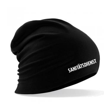 Longbeanie Slouch-Beanie Sommerbeanie mit Textildruck - SANITÄTSDIENST - SB55004 schwarz