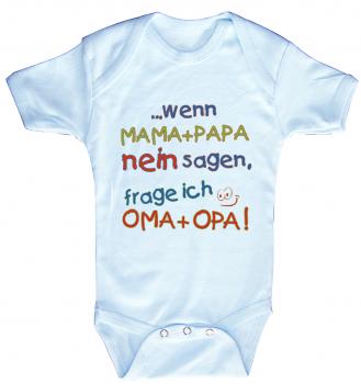 Babystrampler mit Print – Mama + Papa nein sagen, frage ich Oma + Opa - 08351 hellblau / 0-6 Monate