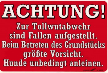 Warnschild - ACHTUNG TOLLWUTABWEHR - 308585 - 30 x 20 cm