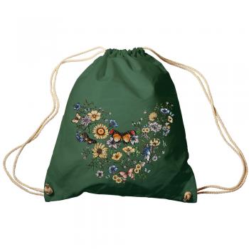 Trend-Bag Turnbeutel Sporttasche Rucksack mit Print -Blumen und Schmetterlinge - TB65321 dunkelgrün
