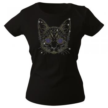 Girly-Shirt mit Strasssteinen Glitzer - Katze Cat - 88334 schwarz Gr. XXL
