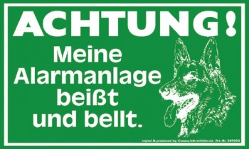 Warnschild Spaß - ACHTUNG! Meine Alarmanlage beißt... - 309033 - 25cm x 15cm - Kunststoffschild Hund Tiere
