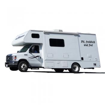 Auto-Aufkleber Wohnwagen Applikation - Fit, fröhlich und frei - AP1612 Gr. ca. 60cm x 24cm