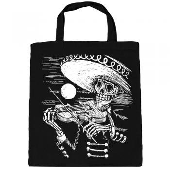 Baumwolltasche mit Print Musiker Skelett Geiger Sombrero Skull - B12998 schwarz