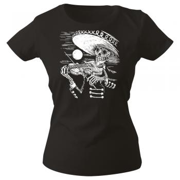 Girly-Shirt mit Print Musiker Skelett Geiger Sombrero Skull - G12998 schwarz Gr. XS-2XL