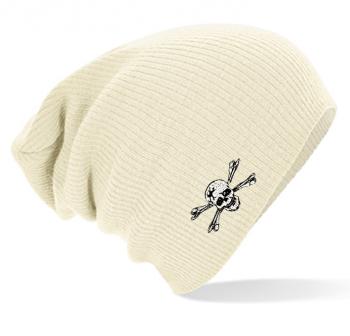 Longbeanie Slouch- Beanie Mütze mit hochwertiger Einstickung - Skull Totenkopf - versch. Farben 54409 wollweiß