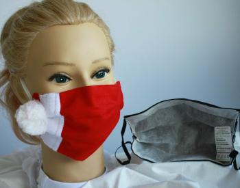 Textil Design Maske aus Baumwolle, mit zertifiziertem Innenvlies - Weihnachten Rot-Weiß Puschel