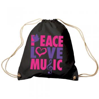 Trend-Bag Turnbeutel Sporttasche Rucksack mit Print - Peace Love Music - TB09017 schwarz