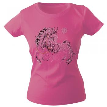 Girly-Shirt mit Strasssteinen Glitzer Pferd Horse Stute G88332 Gr. rosa / XL