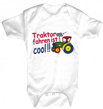 Babystrampler mit Print – Traktor fahren ist cool – 08393 weiß - 0-24 Monate