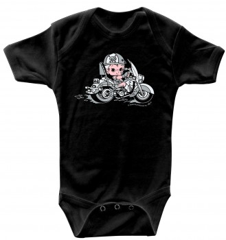 Babystrampler mit Print – Motorad fahrendes Baby- 08309 schwarz – Gr. 6-12 Monate