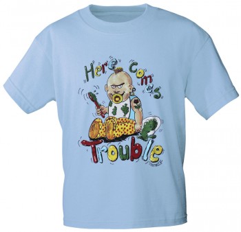 Kinder T-Shirt mit Print - Here comes trouble - 08139 - hellblau - Gr. 86-164