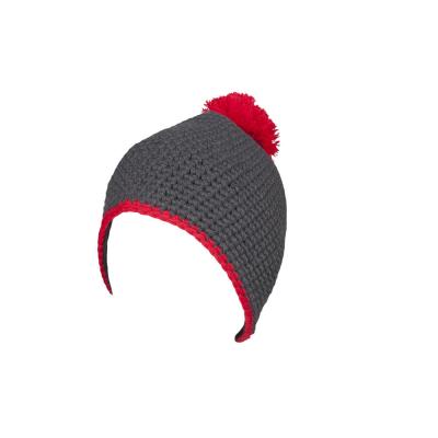 Häkelmütze m. Bommel  - 41666 - Grau-Rot - Pudelmütze Bommelmütze Häkel-Mütze
