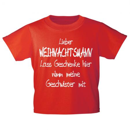 Kinder T-Shirt Lieber Weihnachtsmann..Geschenke..nimm Geschwister mit 12708 rot Gr. 122/128