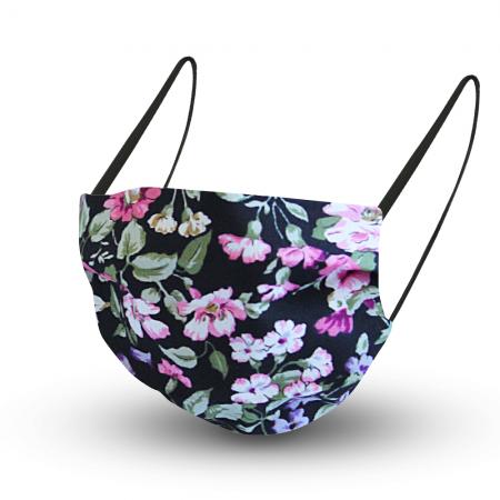 Baumwollmaske mit zertifiziertem Innenvlies - Blumen Schwarz-Rosa-Oliv 15548 + Gratiszugabe
