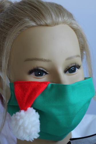 Textil Design Maske aus Baumwolle, mit zertifiziertem Innenvlies - Grün mit weißer Bommel - 15888