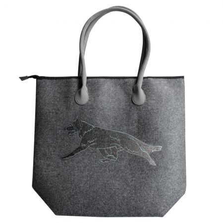 Filztasche mit Einstickung - laufender Schäferhund - 26189 grau - Gr. ca. 46,5 x 39,5 cm