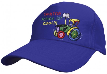 Baumwollcappy - Kinder Cap mit buntem Stick - Traktor fahren ist cool - 69116 blau - Baumwollcap Baseballcap Schirmmütze Hut Kids
