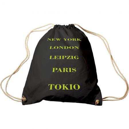 Trend-Bag mit Print - New York London Leipzig Paris Tokio - 65020 schwarz - Turnbeutel Sporttasche Rucksack
