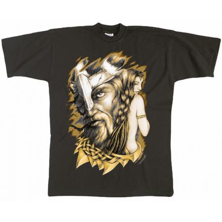 T-Shirt mit Print - Wikinger Frau Zopf Beute - 92000 schwarz - Gr. S-2XL