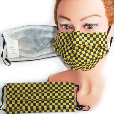 Baumwollmaske mit zertifiziertem Innenvlies - Pepita Schwarz-Gelb - 15406 + Gratiszugabe
