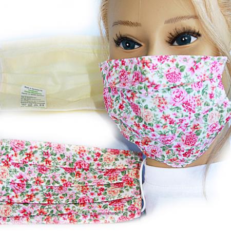 Baumwollmaske mit zertifiziertem Innenvlies - Floral Streublumen Rose - 15555 + Gratiszugabe
