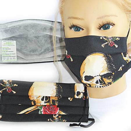Design Maske aus Baumwolle mit zertifiziertem Innenvlies - Totenkopf Skull Rosen - 15479 + Gratiszugabe
