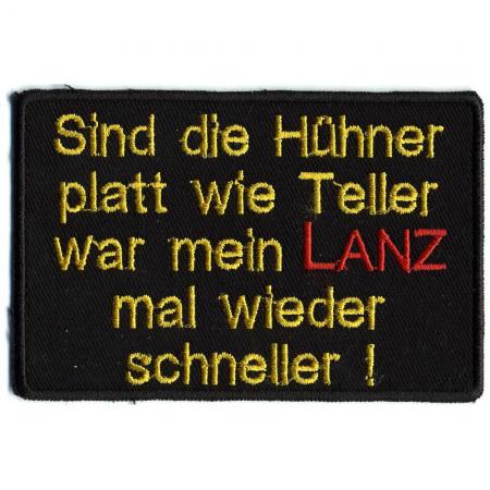 AUFNÄHER - Sind die Hühner platt wie Teller... - 01733 - Gr. ca. 9 x 5,5 cm - Patches Stick Applikation