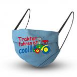 Baumwollmaske in HELLBLAU mit zertifiziertem Innenvlies - Traktor fahren ist Cool - 15964 + Gratiszugabe