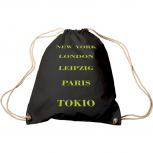 Trend-Bag mit Print - New York London Leipzig Paris Tokio - 65020 schwarz - Turnbeutel Sporttasche Rucksack