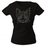Girly-Shirt mit Strasssteinen Glitzer - Katze Cat - 88334 schwarz Gr. XS-2XL