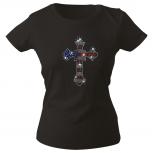 Girly-Shirt mit Strassmotiv - American Flag Kreuz - G12973 schwarz Gr. XS-2XL