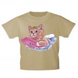 Kinder T-Shirt mit Print Cat Katze auf Surfbrett KA074/1 Gr. beige / 122/128