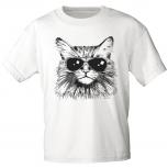 T-Shirt Print - Katze Cat mit Brille (keep cool) - 12847 weiß Gr. L