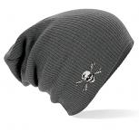 Longbeanie Slouch- Beanie Mütze mit hochwertiger Einstickung - Skull Totenkopf - versch. Farben 54409 grau