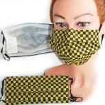 Baumwollmaske mit zertifiziertem Innenvlies - Pepita Schwarz-Gelb - 15406 + Gratiszugabe